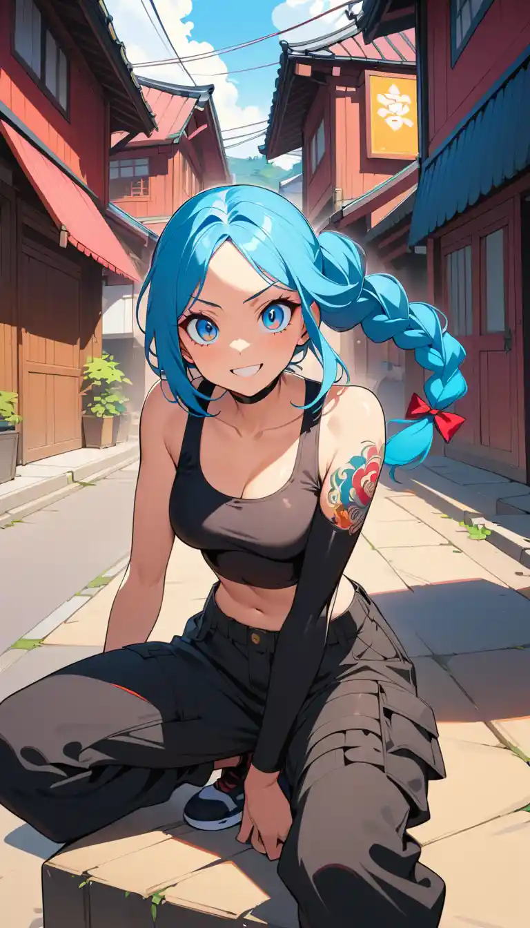 Smiling anime girl in streetwear on a sunny Japanese street