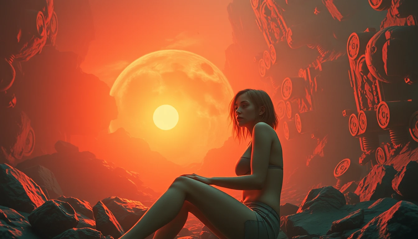 Mujer glamourosa surreal en una oscura escena de horror popsurrealista