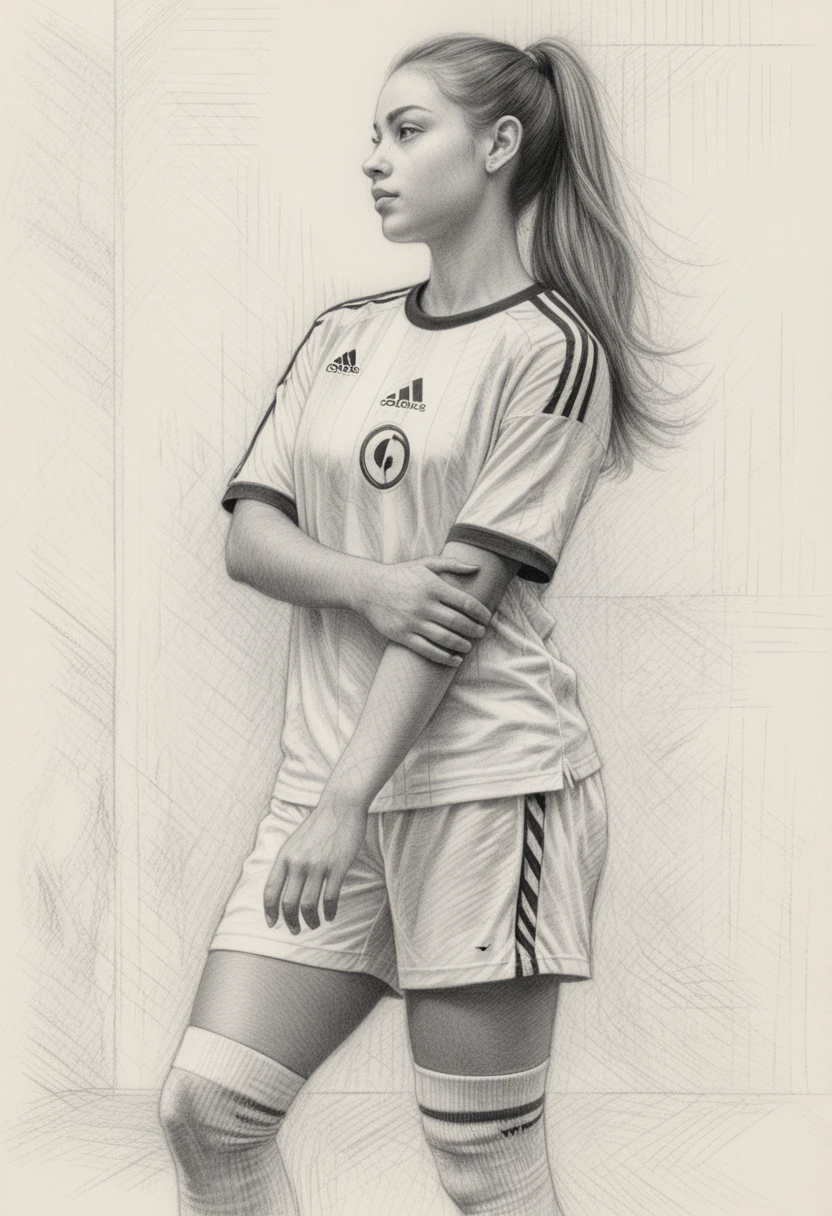 Graphite profile portrait of a focused female football player
