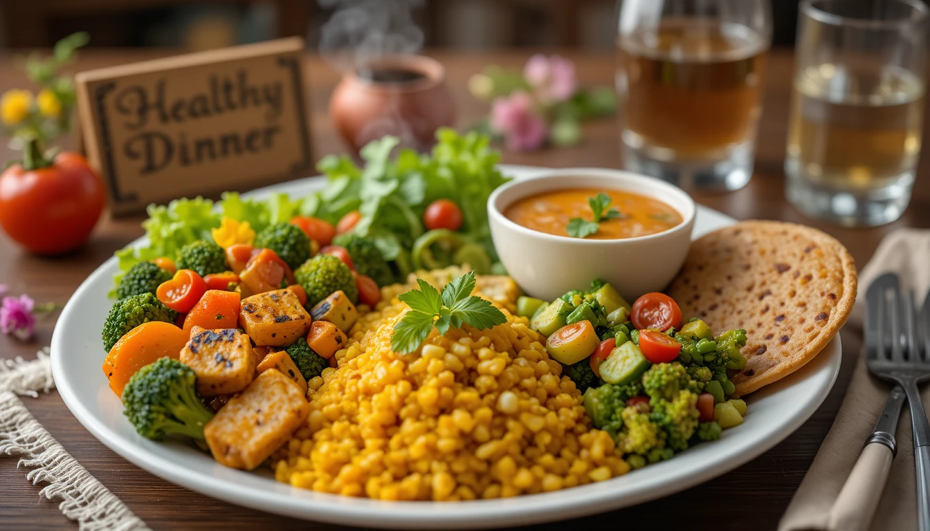 Plato de cena saludable con paneer, ensalada y guarniciones de dal