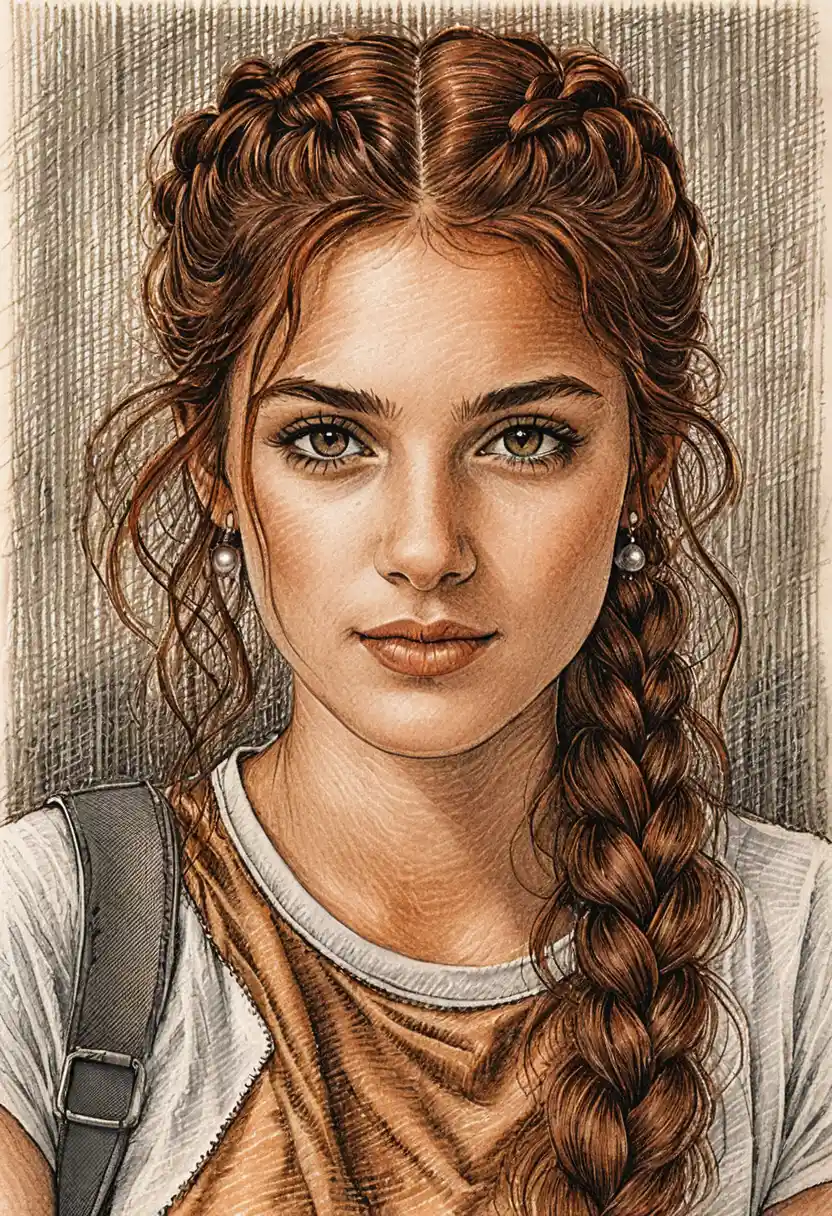Ink portrait of a young woman with braided auburn hair