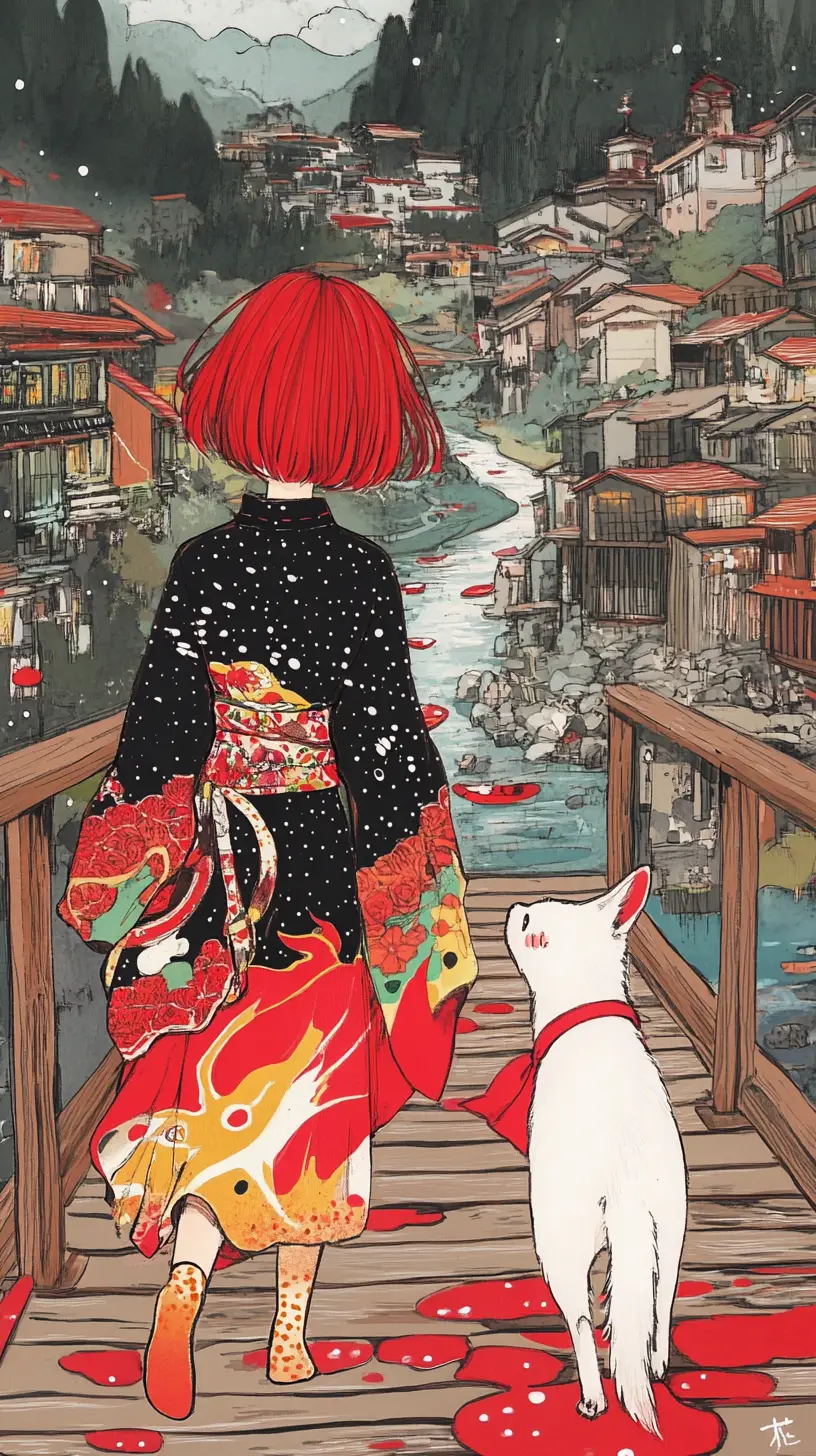Anime girl with red hair walking on a wooden bridge