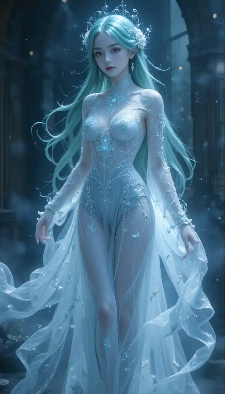 Eterea ragazza fantasma in stile anime che fluttua tra veli nebbiosi