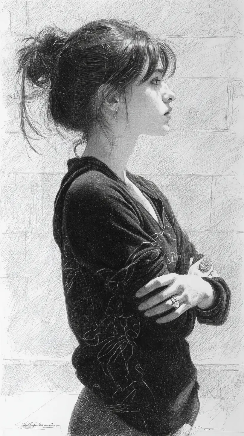 Graphite drawing of focused woman footballer in profile view