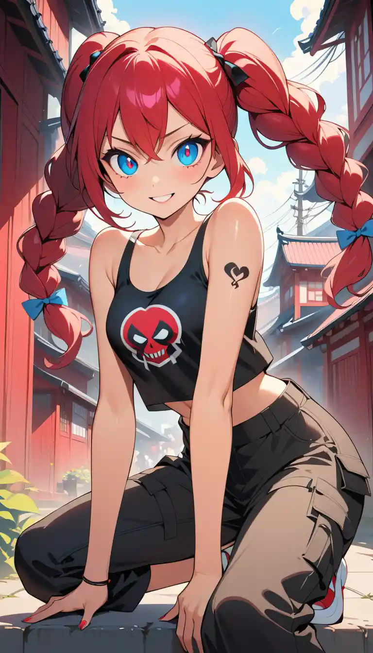 Smiling anime girl in streetwear on a sunny Japanese street