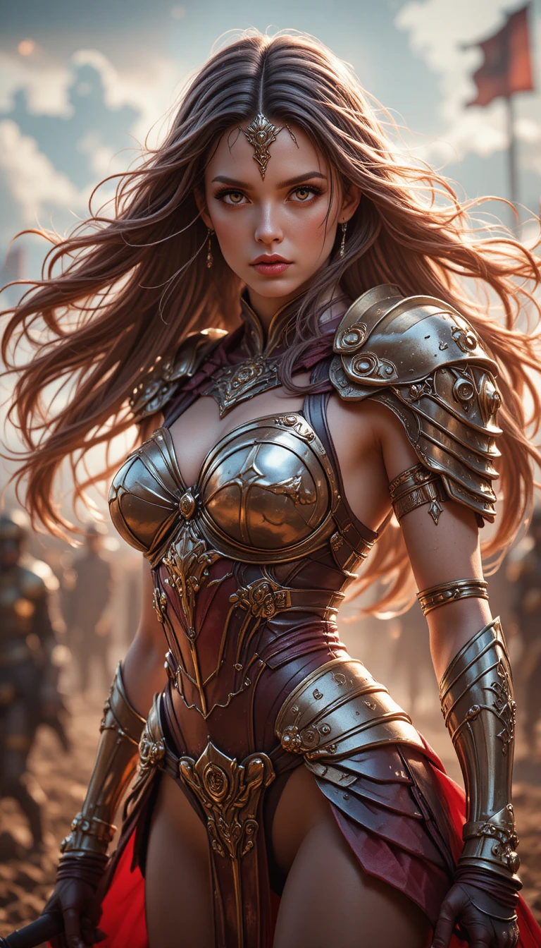 Epic female warrior standing strong on a vast battlefield