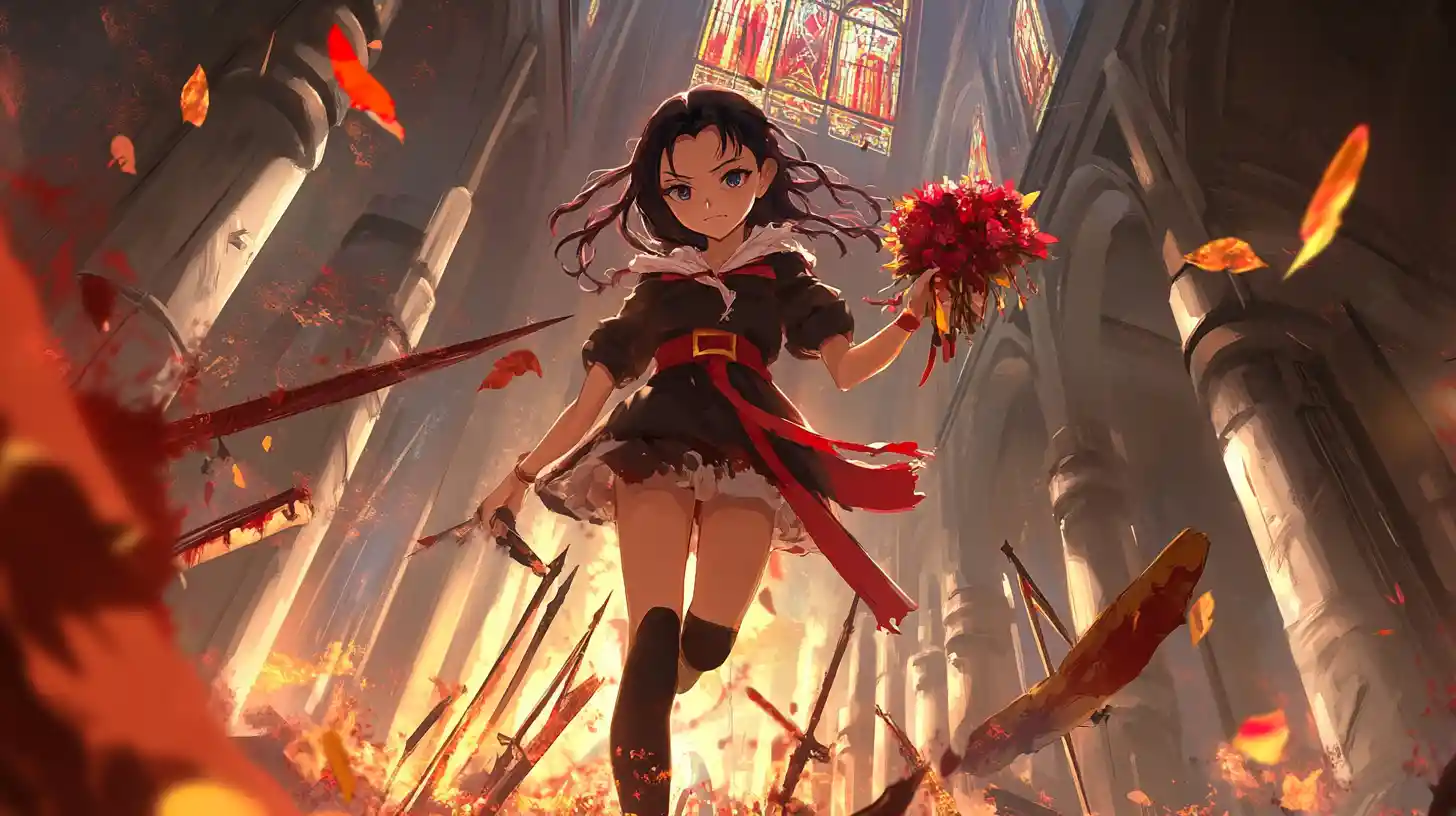 Sad anime girl walking through a field of swords