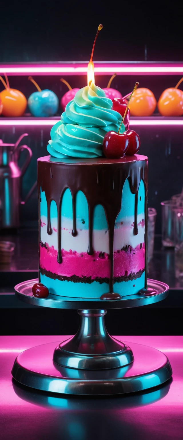 Pastel selva negra neón en un laboratorio de postres futurista