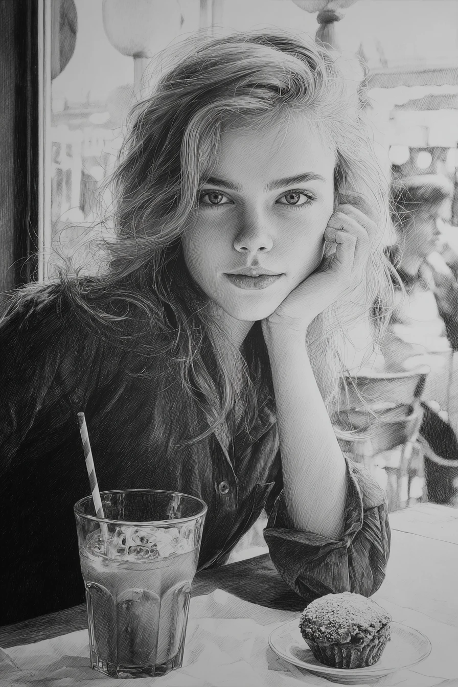 Young woman at cafe table in pencil portrait