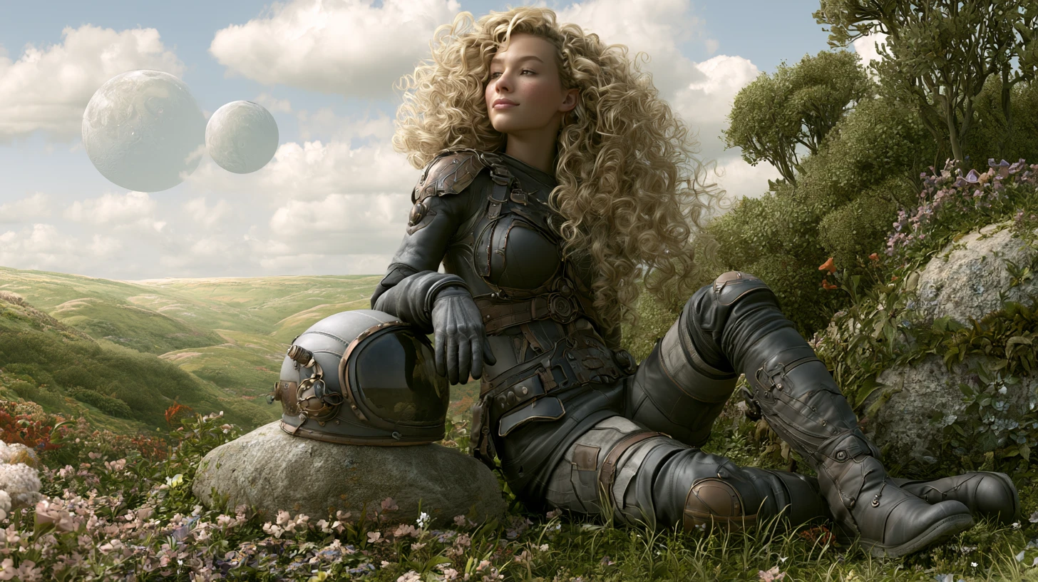 Steampunk woman astronaut on a lush alien world