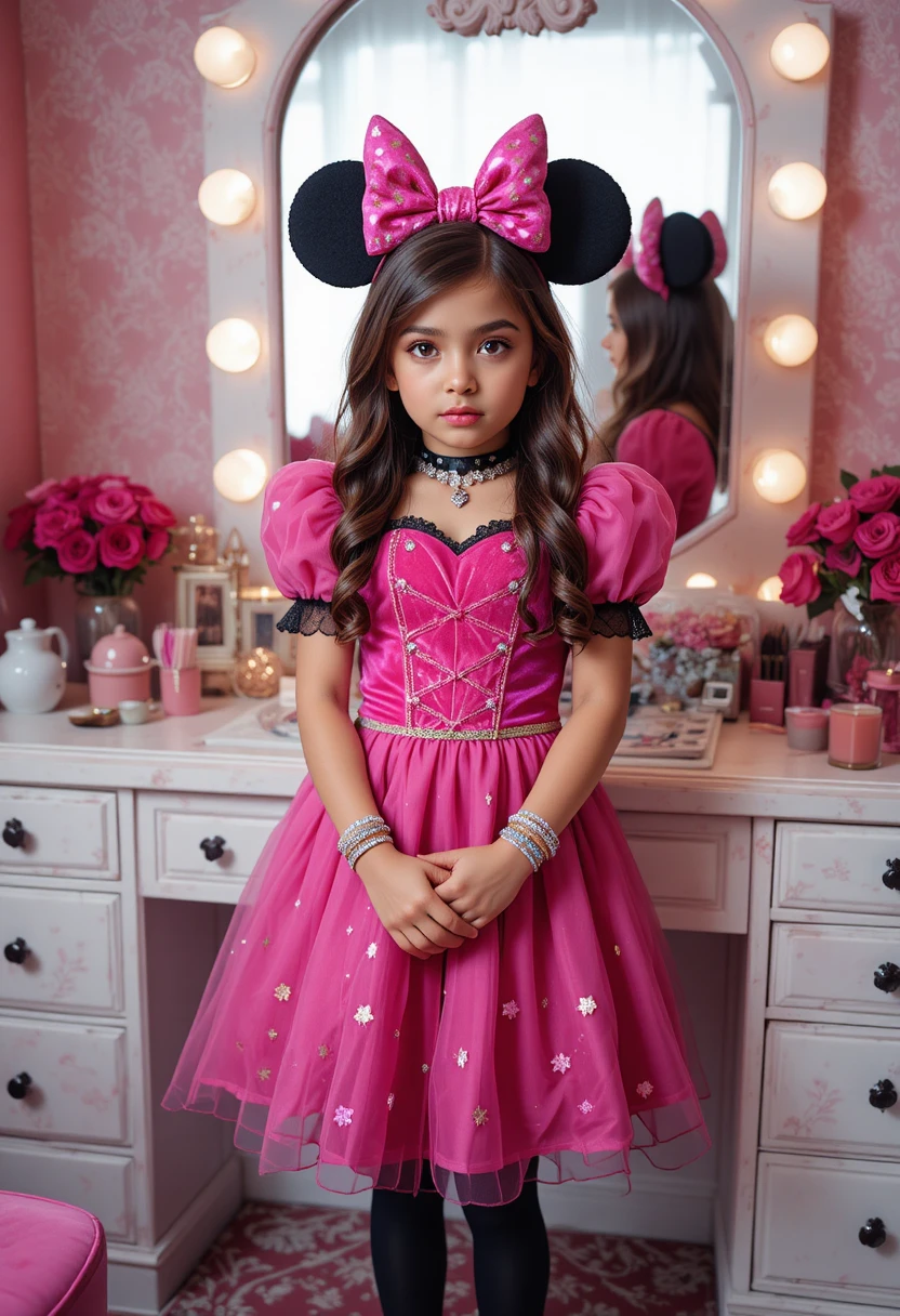 Preadolescente nervioso con disfraz de princesa frente a tocador rosa