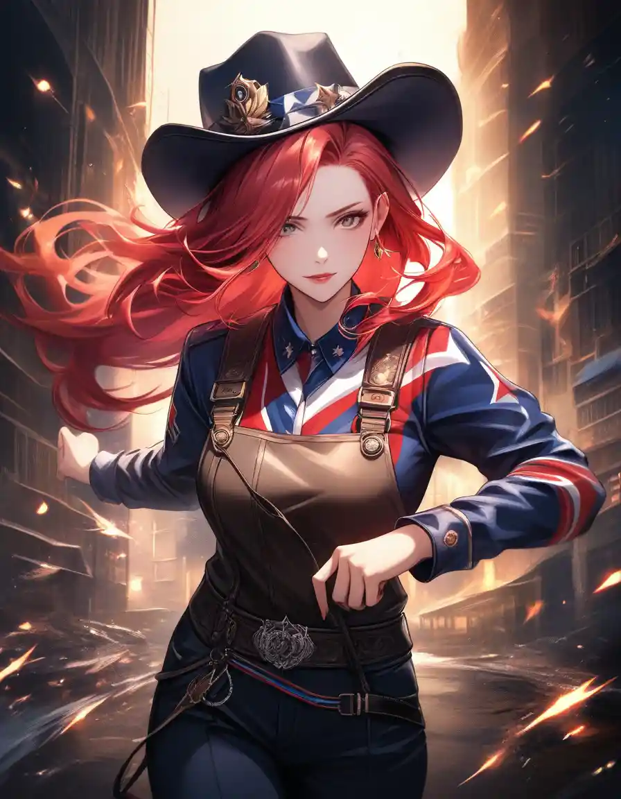 Confident redhead woman in patriotic western studio portrait