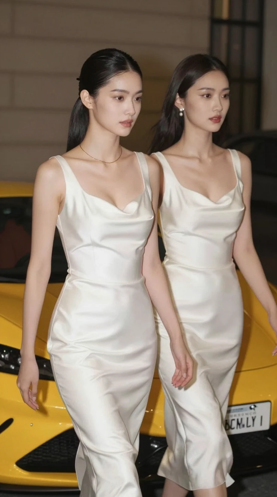 Two glamorous women walking beside a yellow sports car