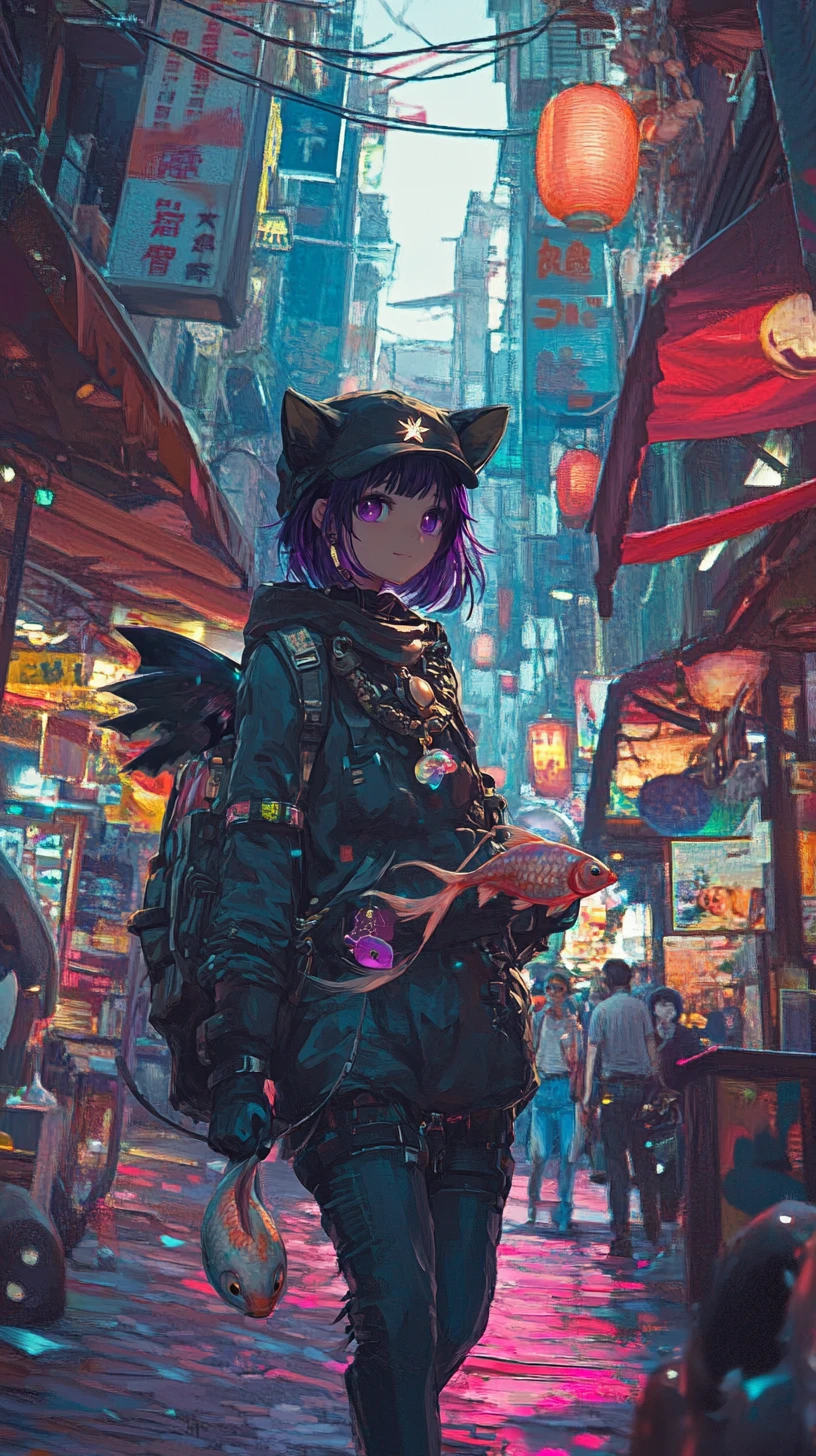 Black winged cat running with koi fish in fantasy city