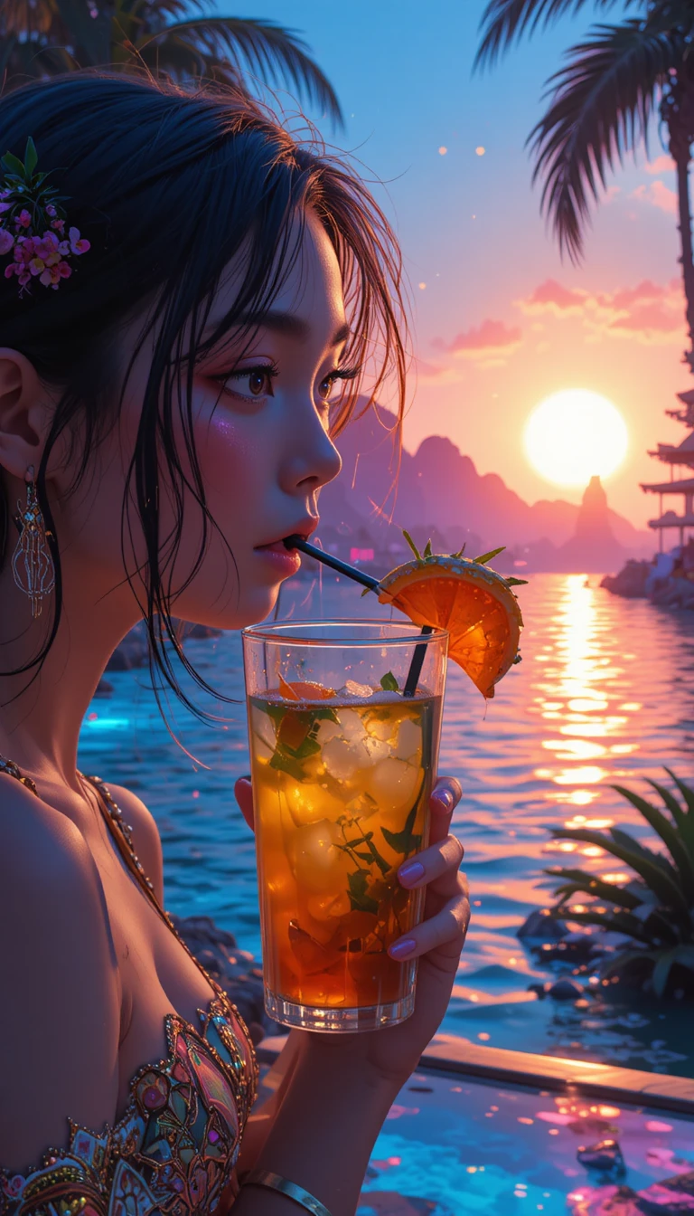 Mujer de anime saboreando una bebida en un resort con atardecer neón