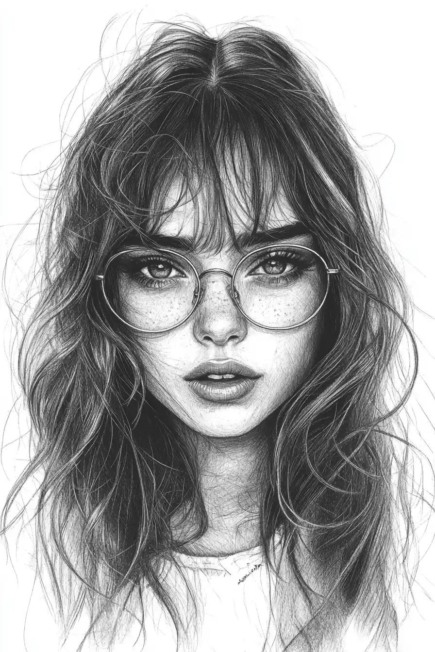 Retrato a lápiz de una chica con gafas y cabello ondulado