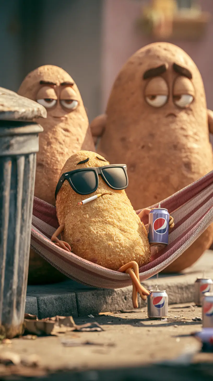 Fried Potato Relaxing In Hammock On City Sidewalk