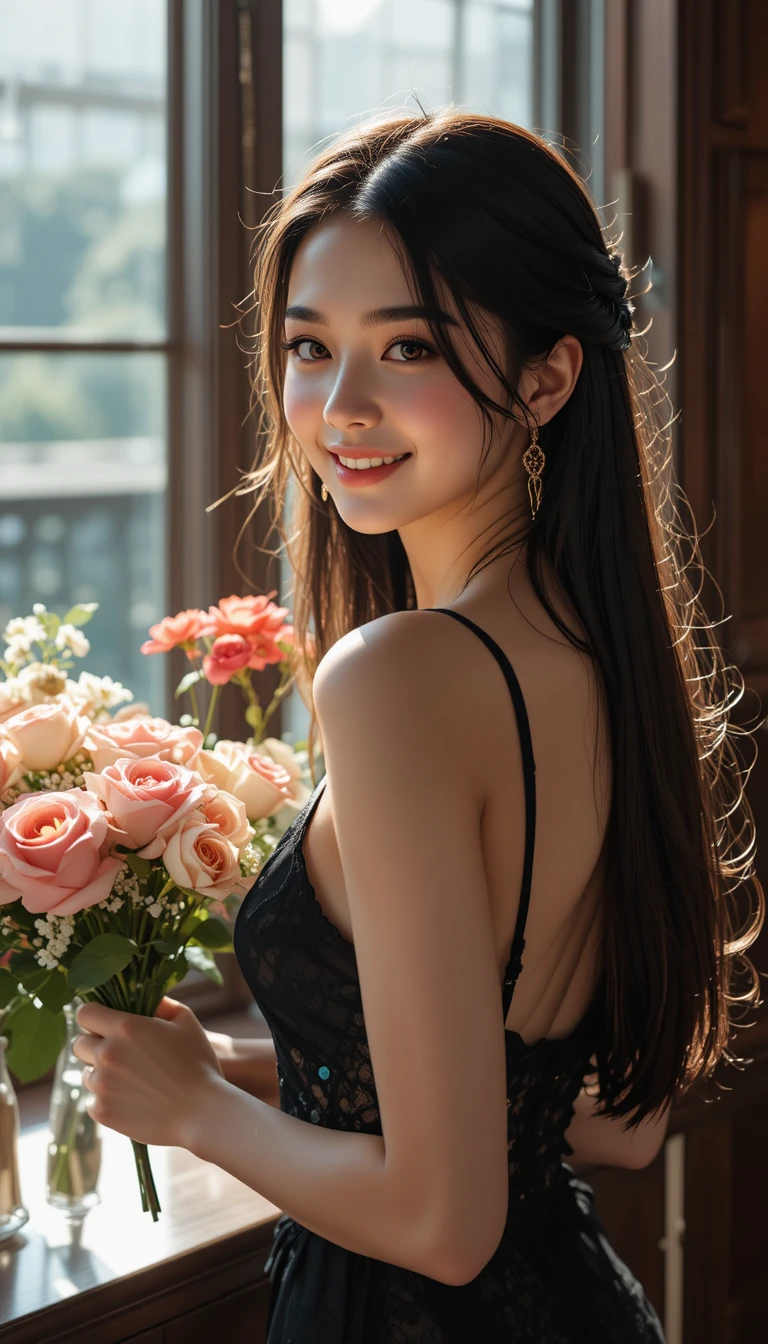 Mujer sonriente con vestido negro transparente sosteniendo un ramo de flores rosas