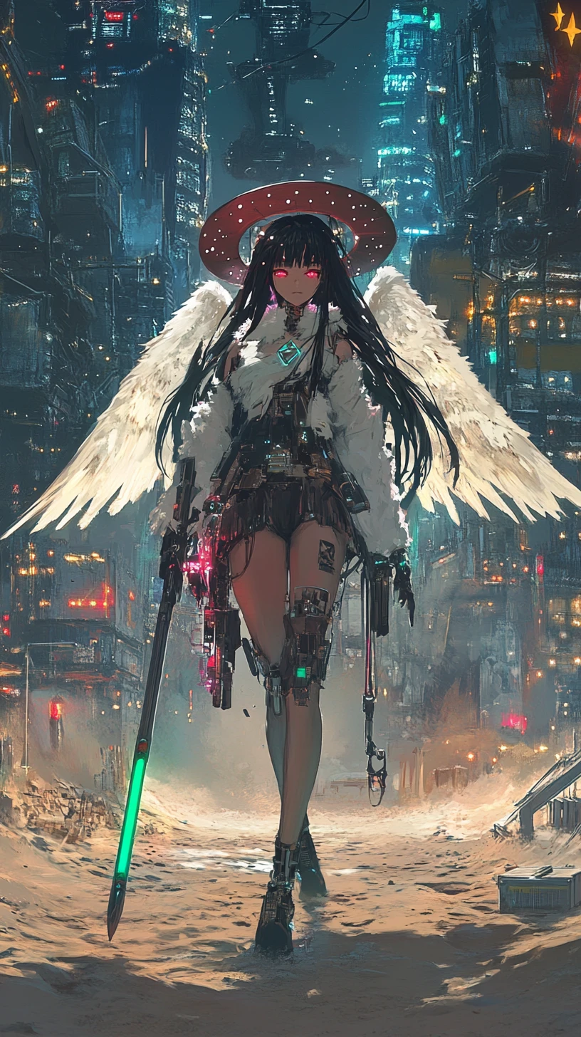 Cyberpunk-Wüstenstraße zu einer fernen Neonstadt