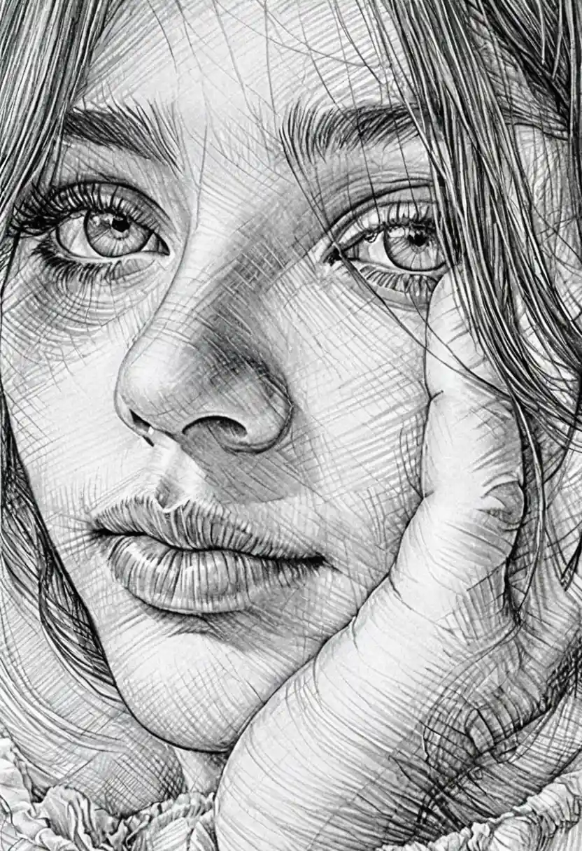 Thoughtful girl close up in black and white ink drawing