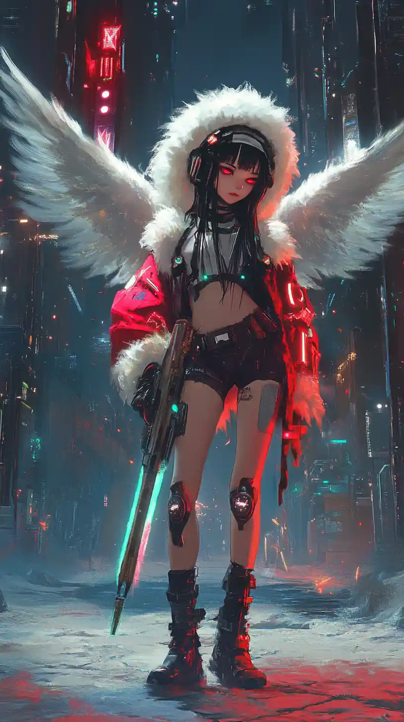 Angel winged anime girl before a distant cyberpunk city