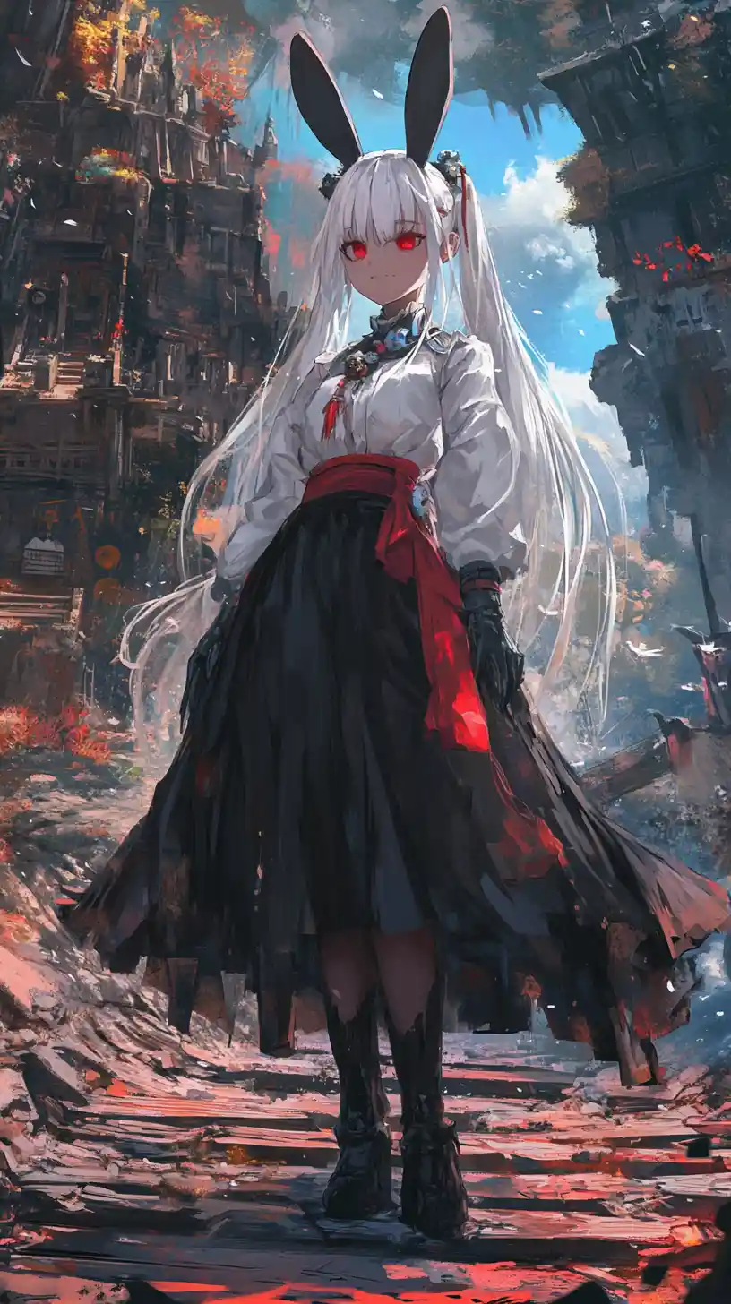 Anime girl in braids with a ghostly smile and stained outfit