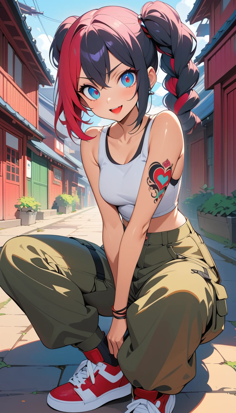 Chica de anime sonriente con ropa urbana en una soleada calle japonesa