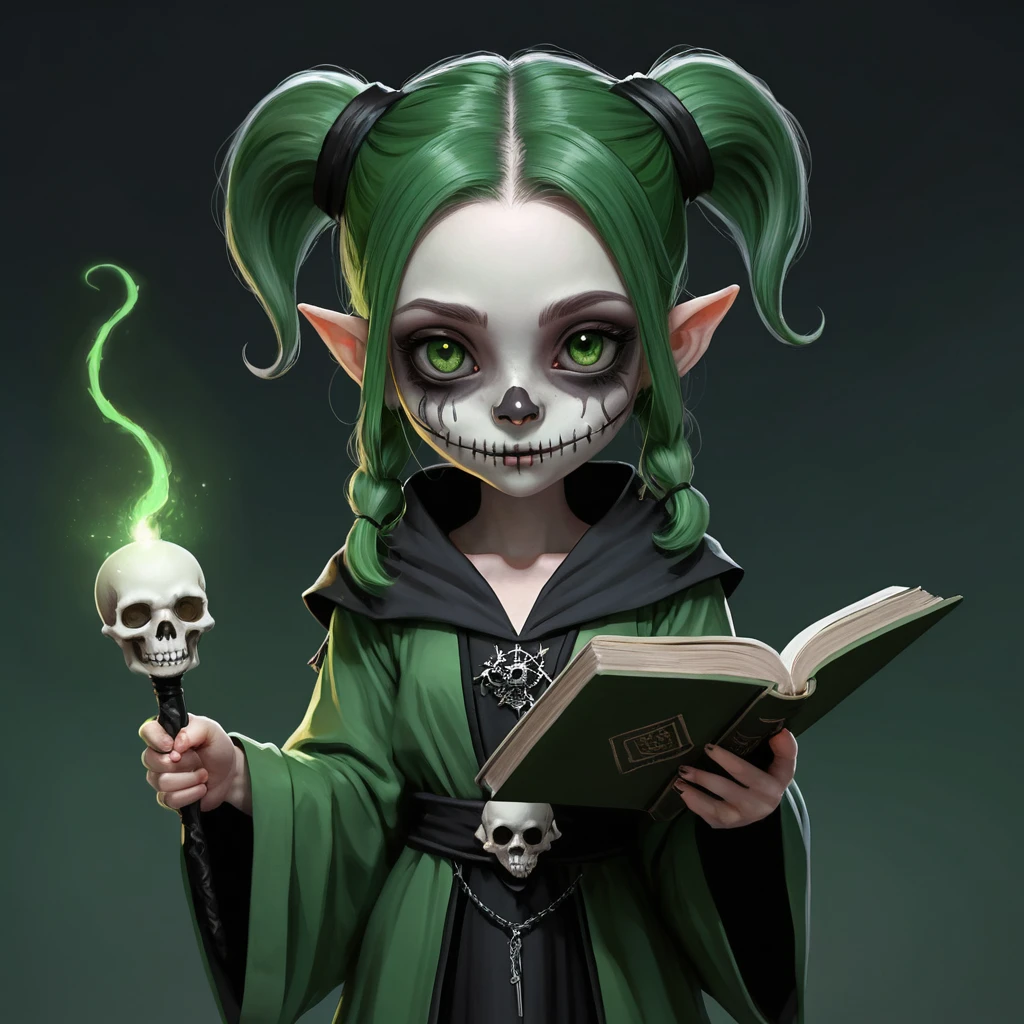 Cute gnome necromancer girl with skull mask and spellbook