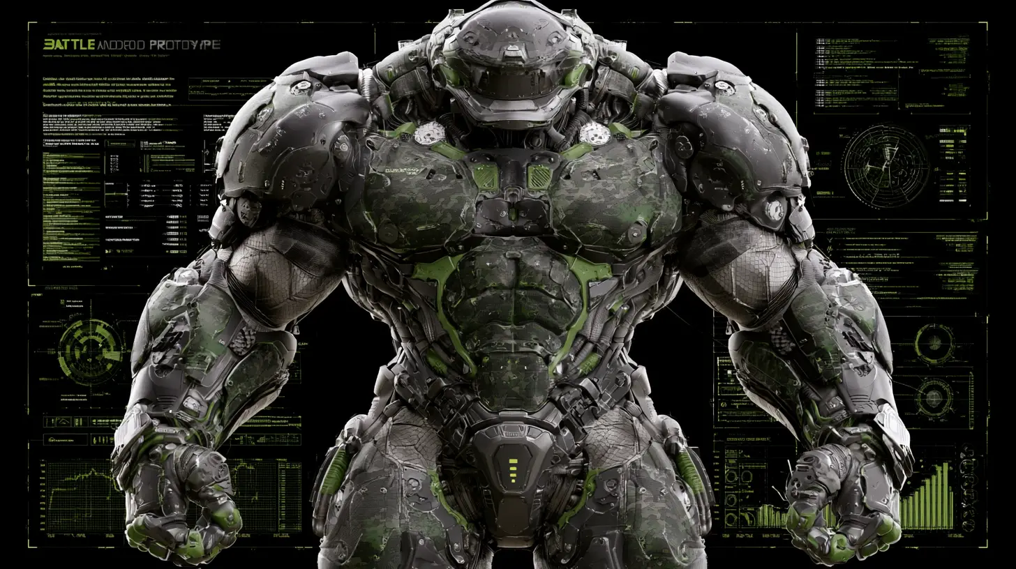 Diagrammi tecnici di un prototipo di cyborg da battaglia massiccio