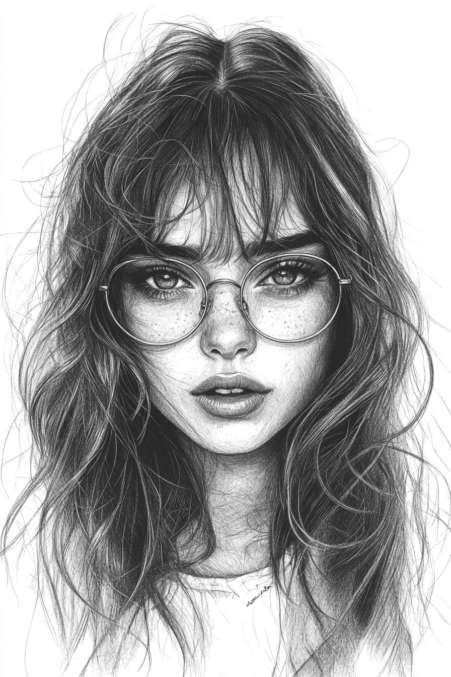Retrato a lápiz de una chica con gafas y cabello ondulado