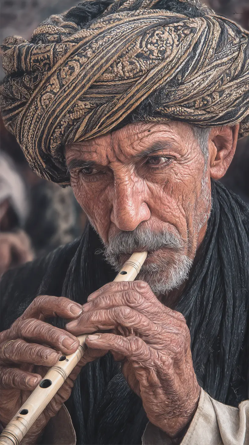 Elderly man in turban playing wooden flute portrait drawing