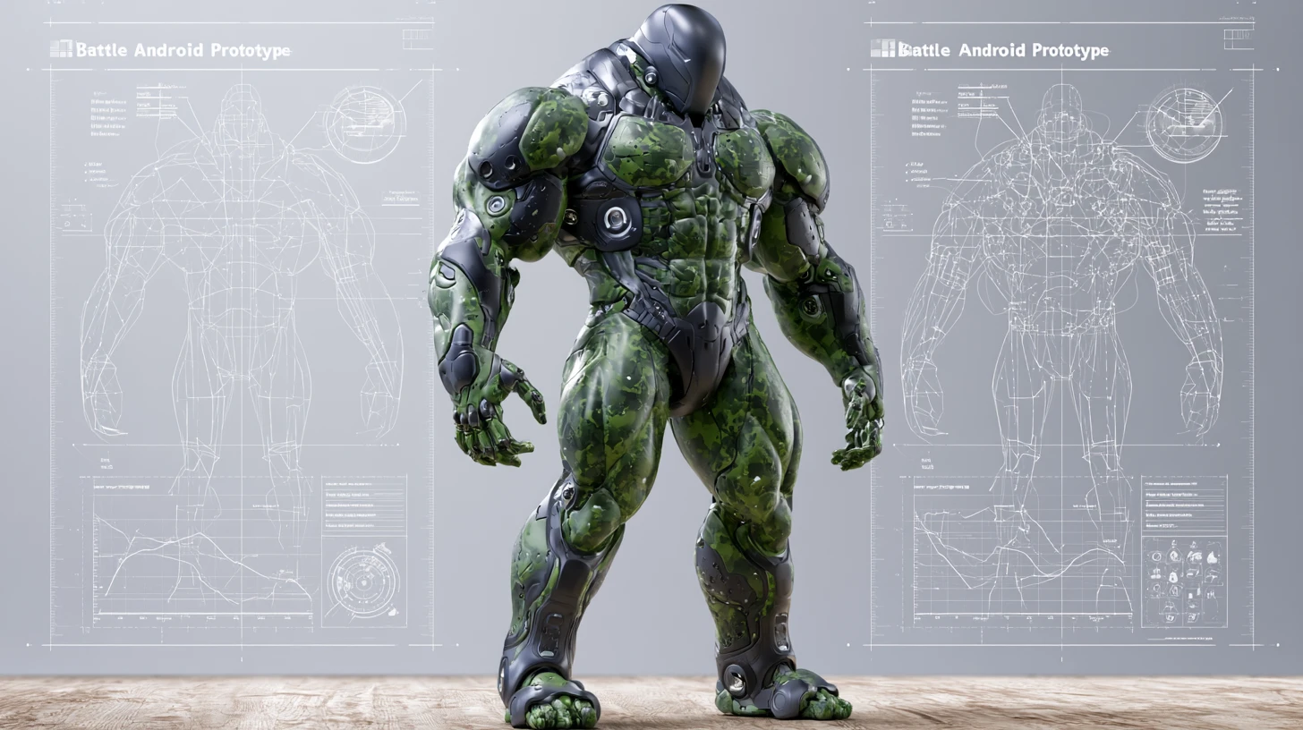 Full body 3D diagram of a heavily armored battle cyborg