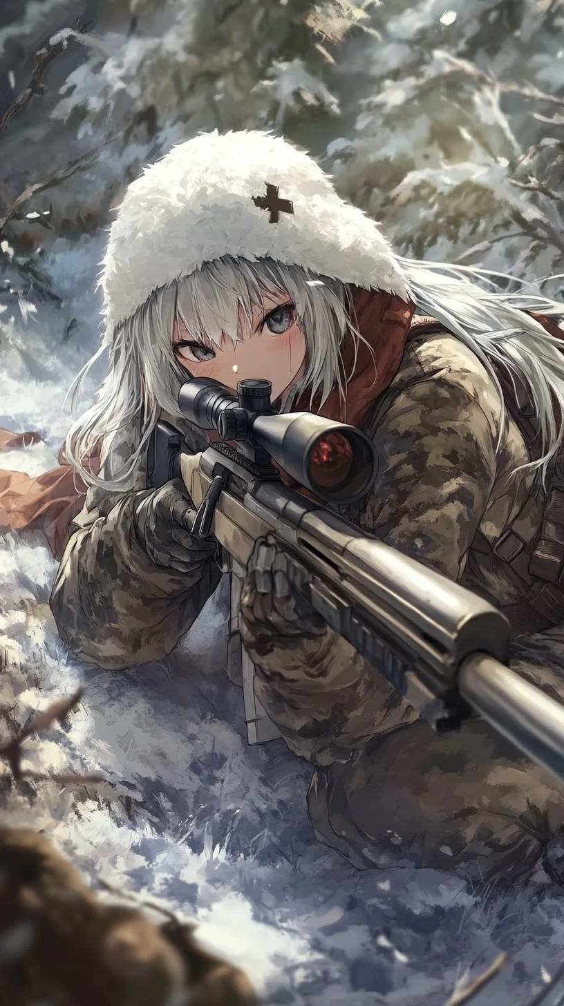 Chica francotiradora de anime camuflada apuntando a un monstruo oscuro distante