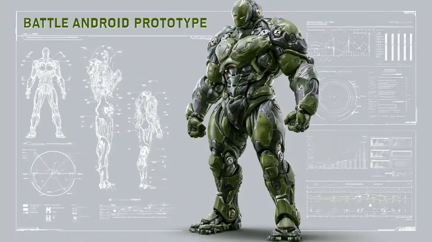 3D engineering diagram of a massive battle cyborg prototype