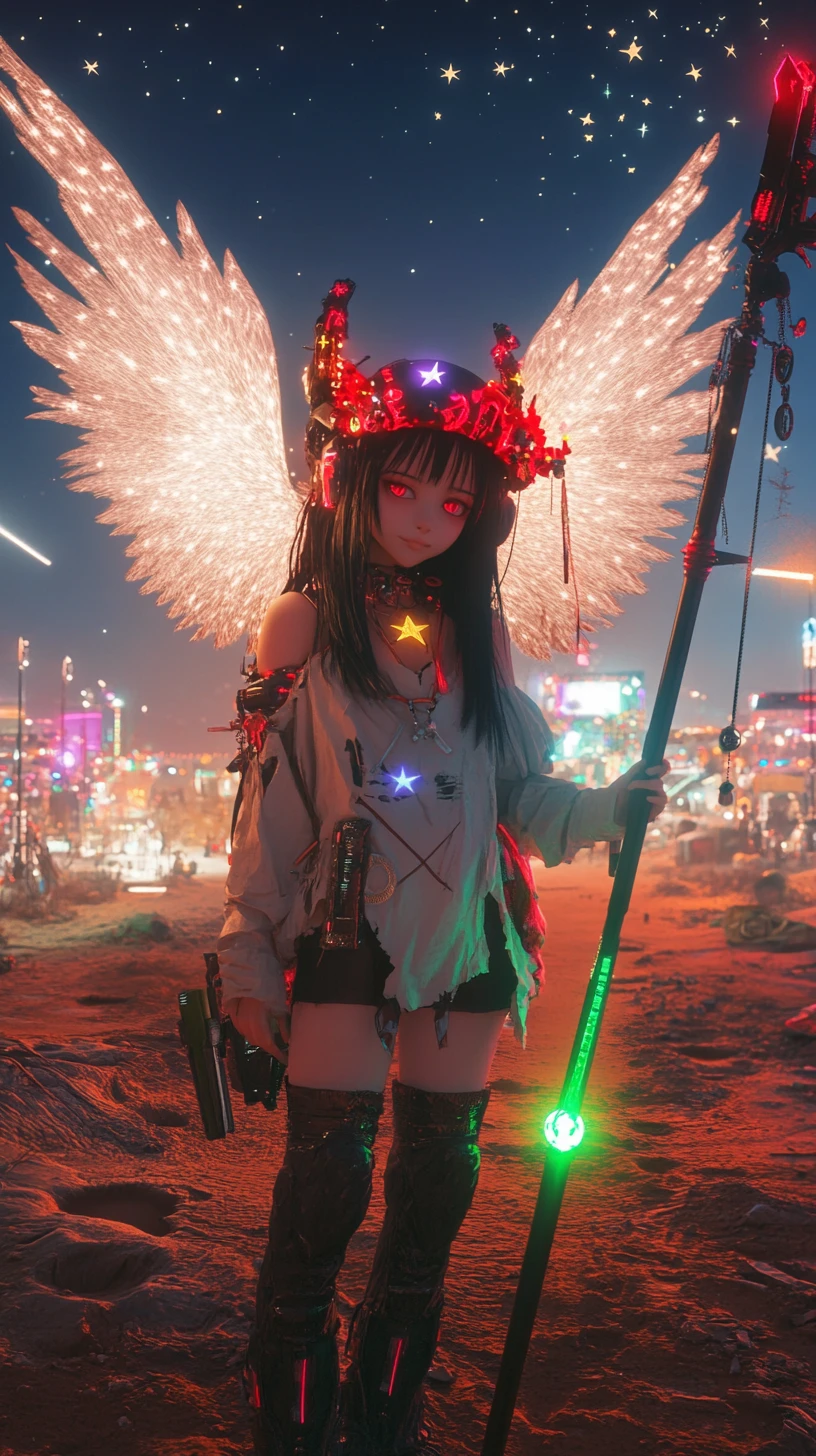 Angel winged girl before a cyberpunk desert city wall