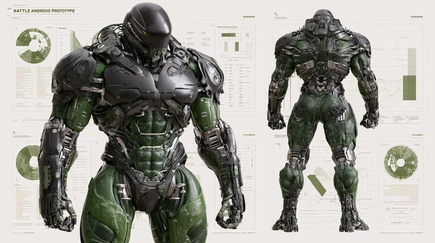 Technical 3D diagrams of a massive battle cyborg prototype