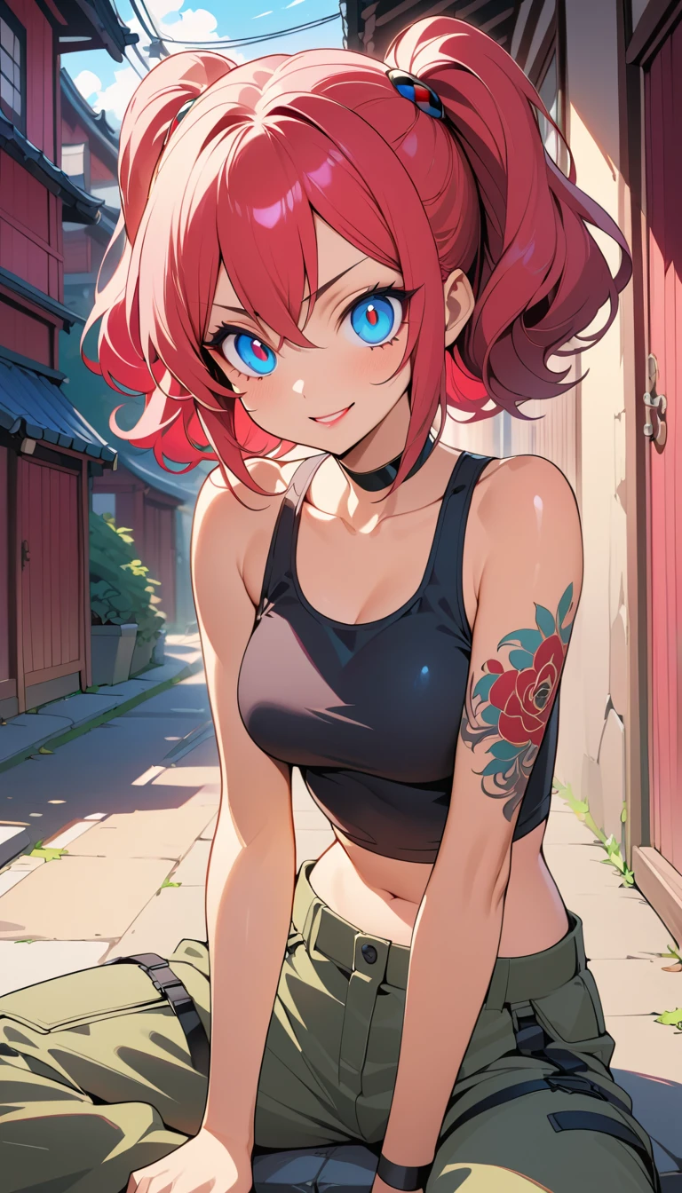 Smiling anime girl in streetwear on a sunny Japanese street