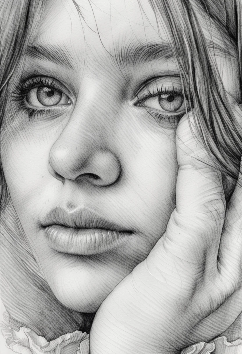 Contemplative girl ink portrait in close up black and white