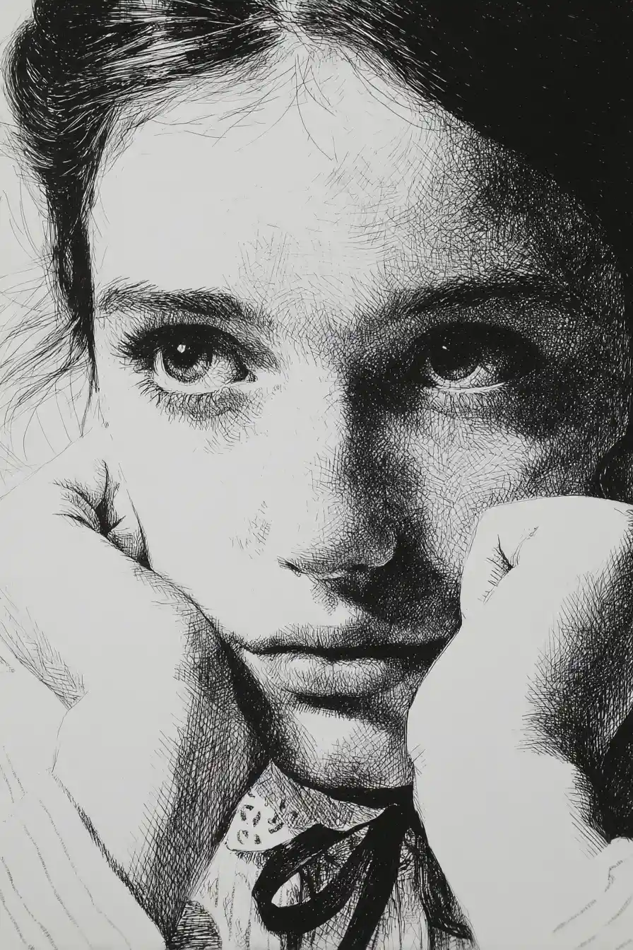 Ink portrait of a contemplative young woman in close up