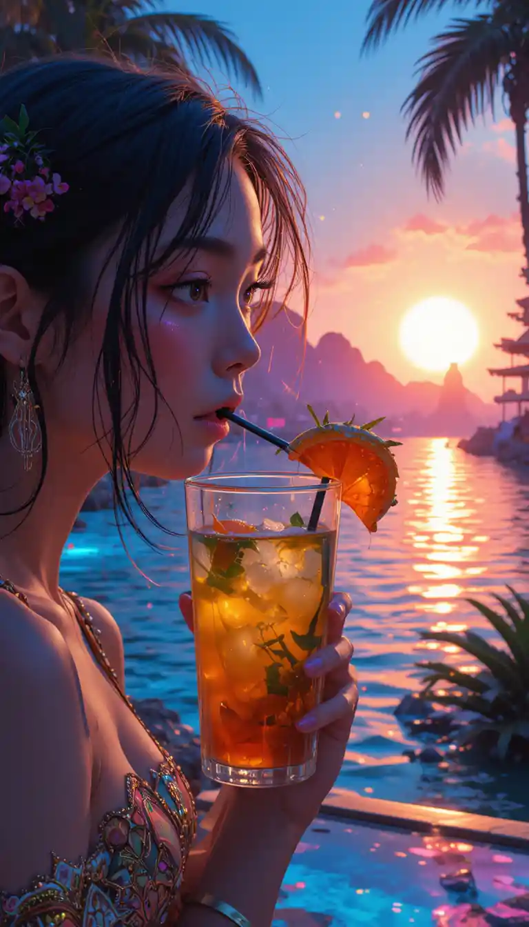 Mujer de anime saboreando una bebida en un resort con atardecer neón