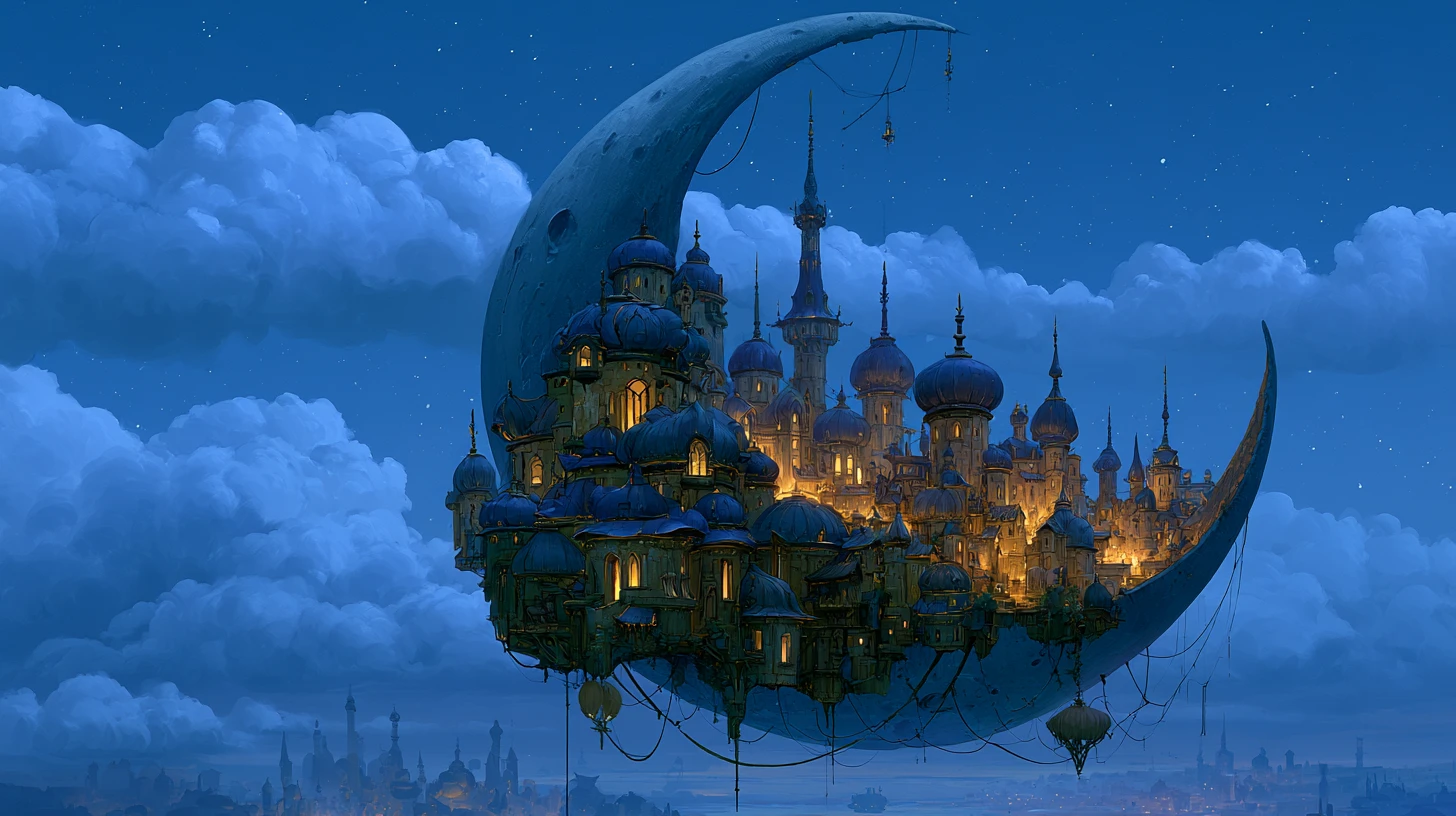 Fantasy city cradled in a crescent moon above night sky