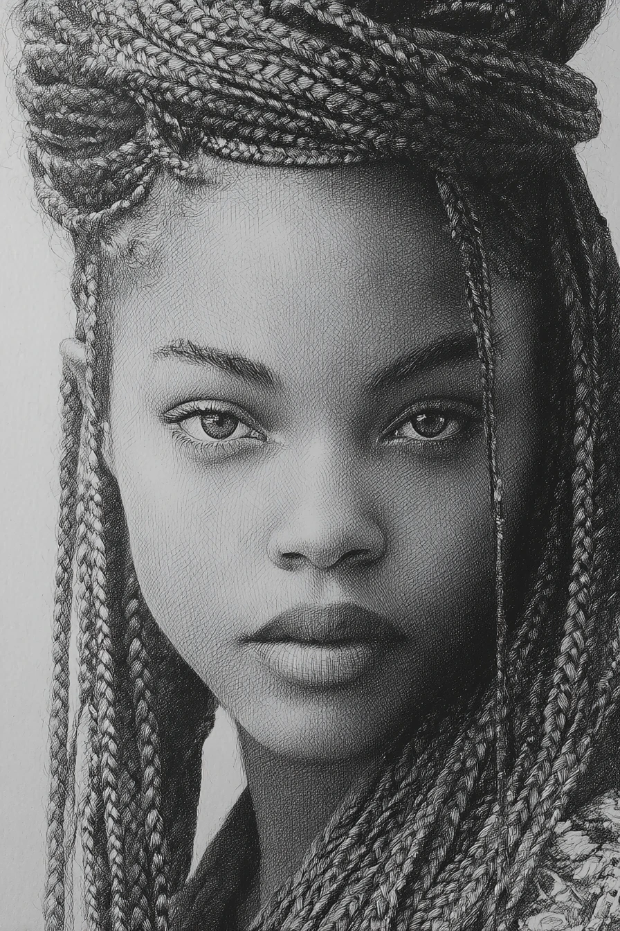 Close up graphite portrait of a young woman with braids