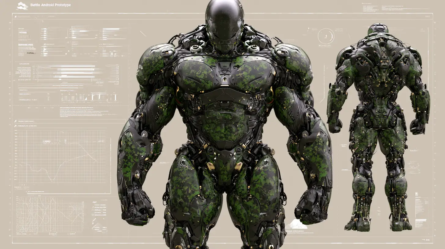 Technische Diagramme eines massiven Kampf-Cyborg-Prototyps