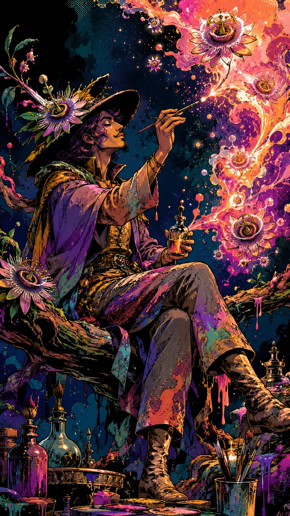 Alchimista che dipinge fiori luminosi su un ramo vivo
