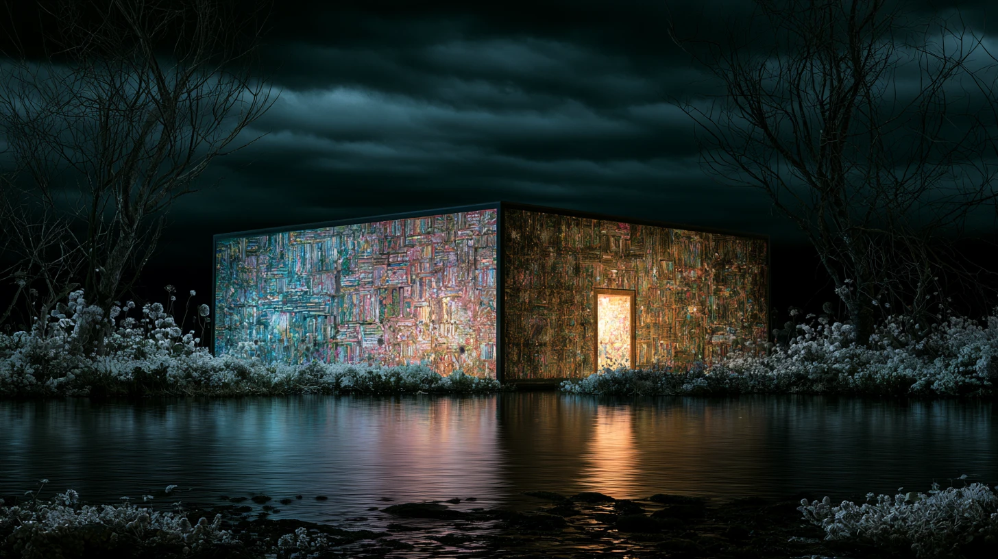 Biblioteca de Fantasía Surreal en un Paisaje Oculto de la Atlántida