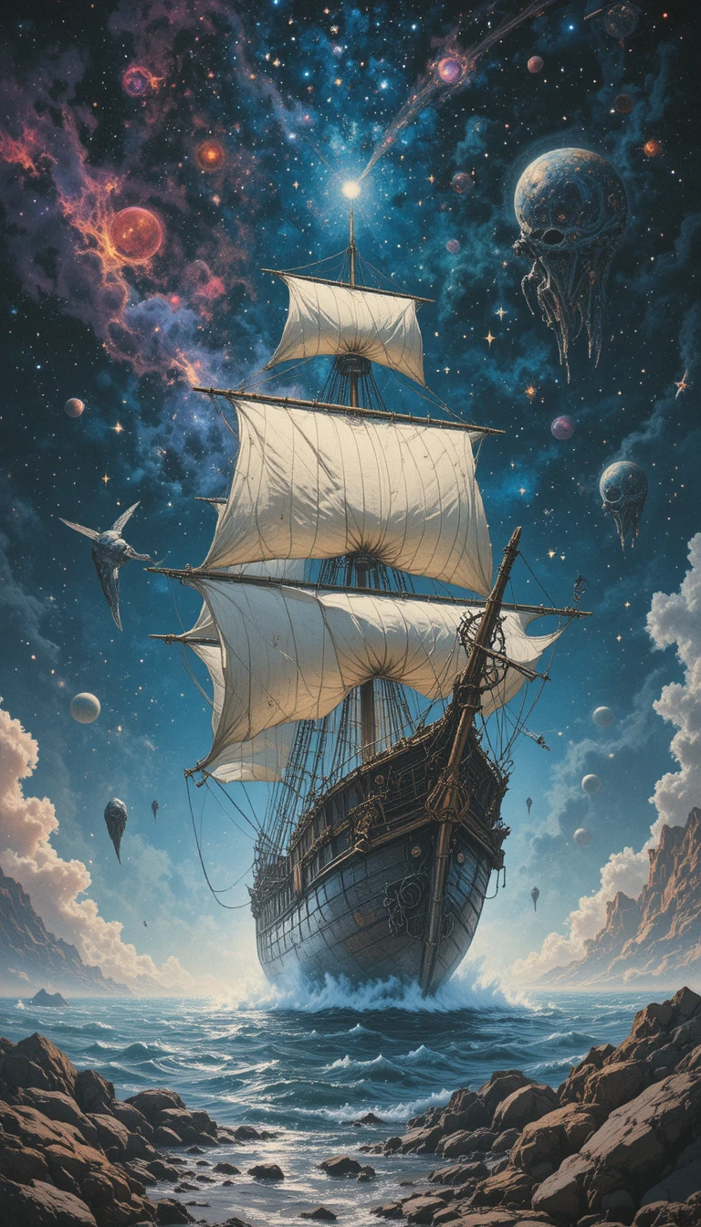 Ghostly galleon sailing through a glowing cosmic nebula