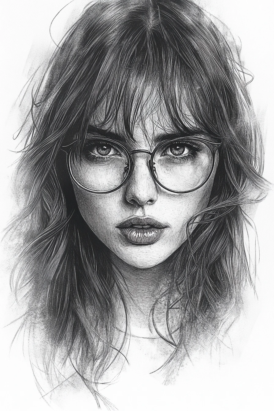 Contemplative girl portrait in fine pencil line drawing