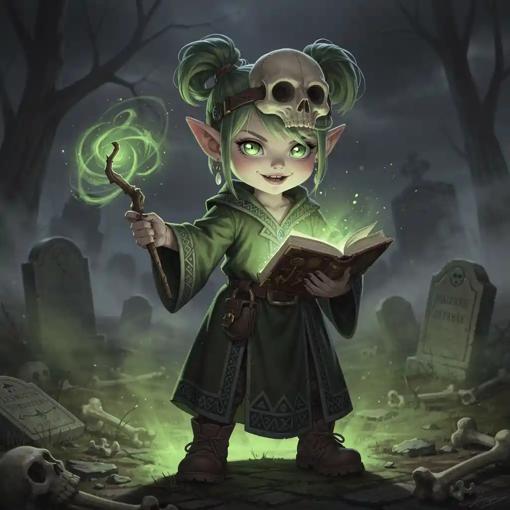 Dark fantasy gnome girl necromancer with mask and spellbook
