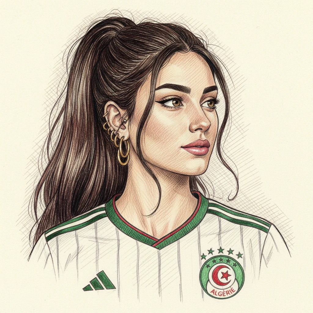 Retrato a bolígrafo de una chica serena con camiseta de Argelia
