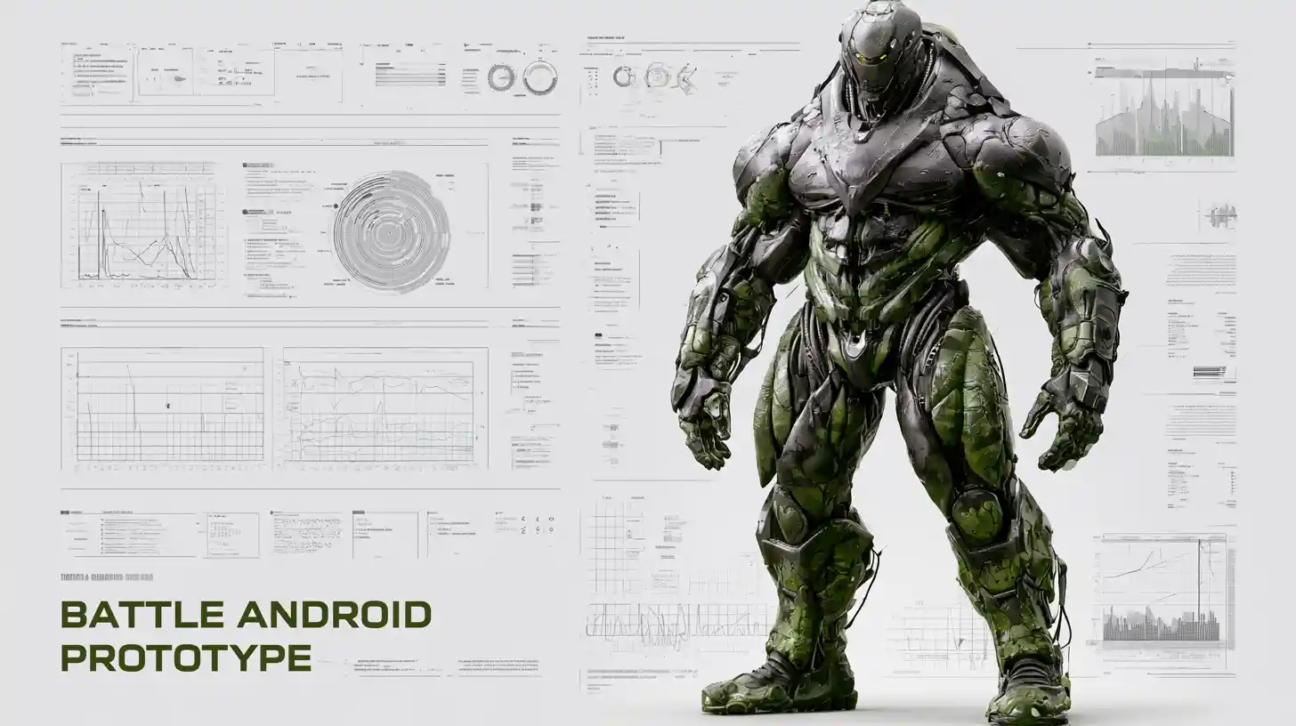 Technical 3D diagram of a massive battle cyborg prototype